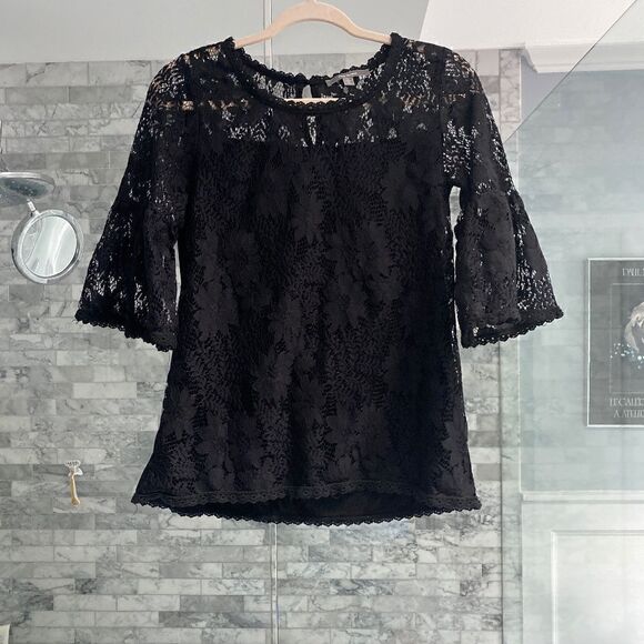 Blue Tassel Tops - Blue Tassel black lace top with 3/4 bell sleeves